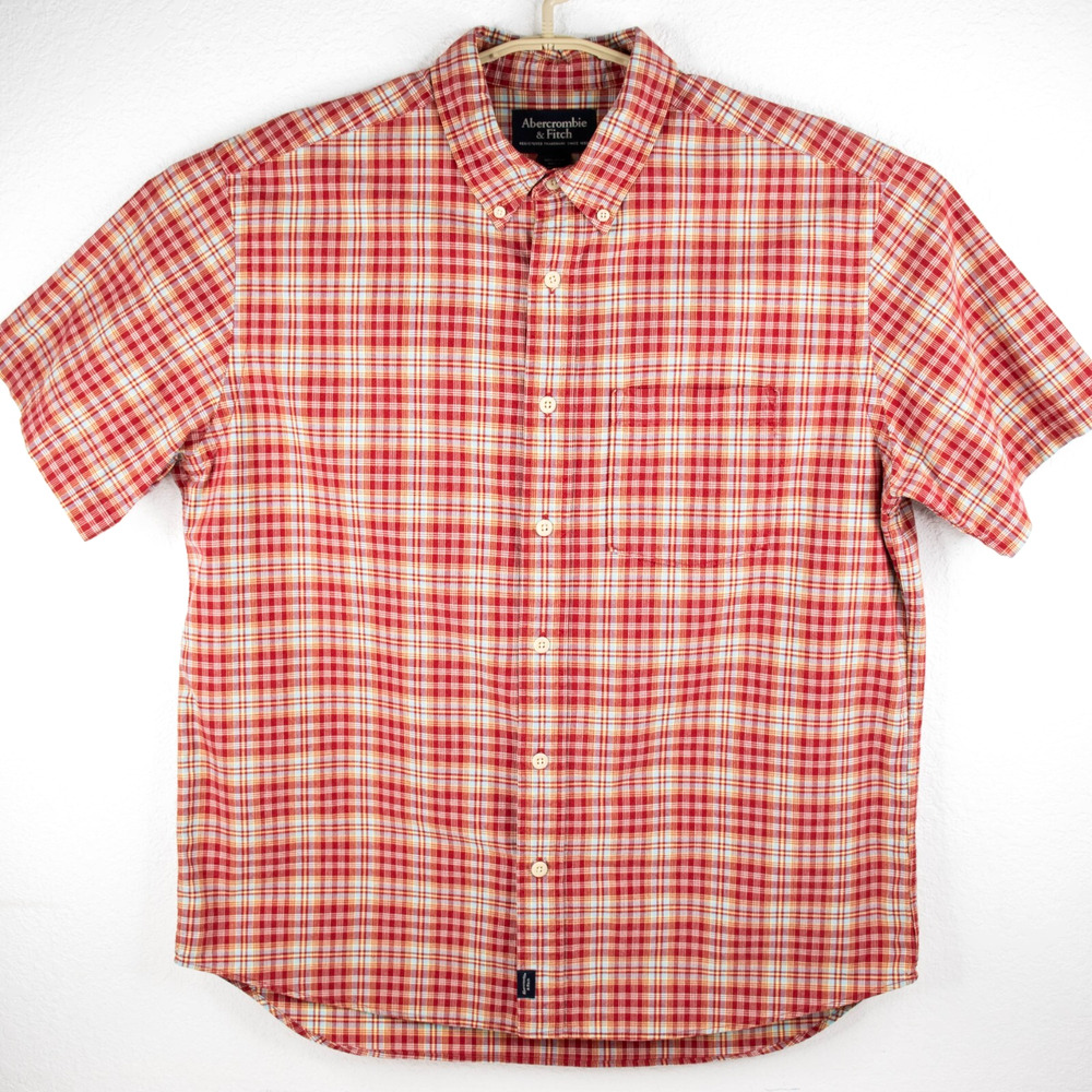 Abercrombie & Fitch Shirt Red Short Sleeve Button Up Shirt Mens SIZE L